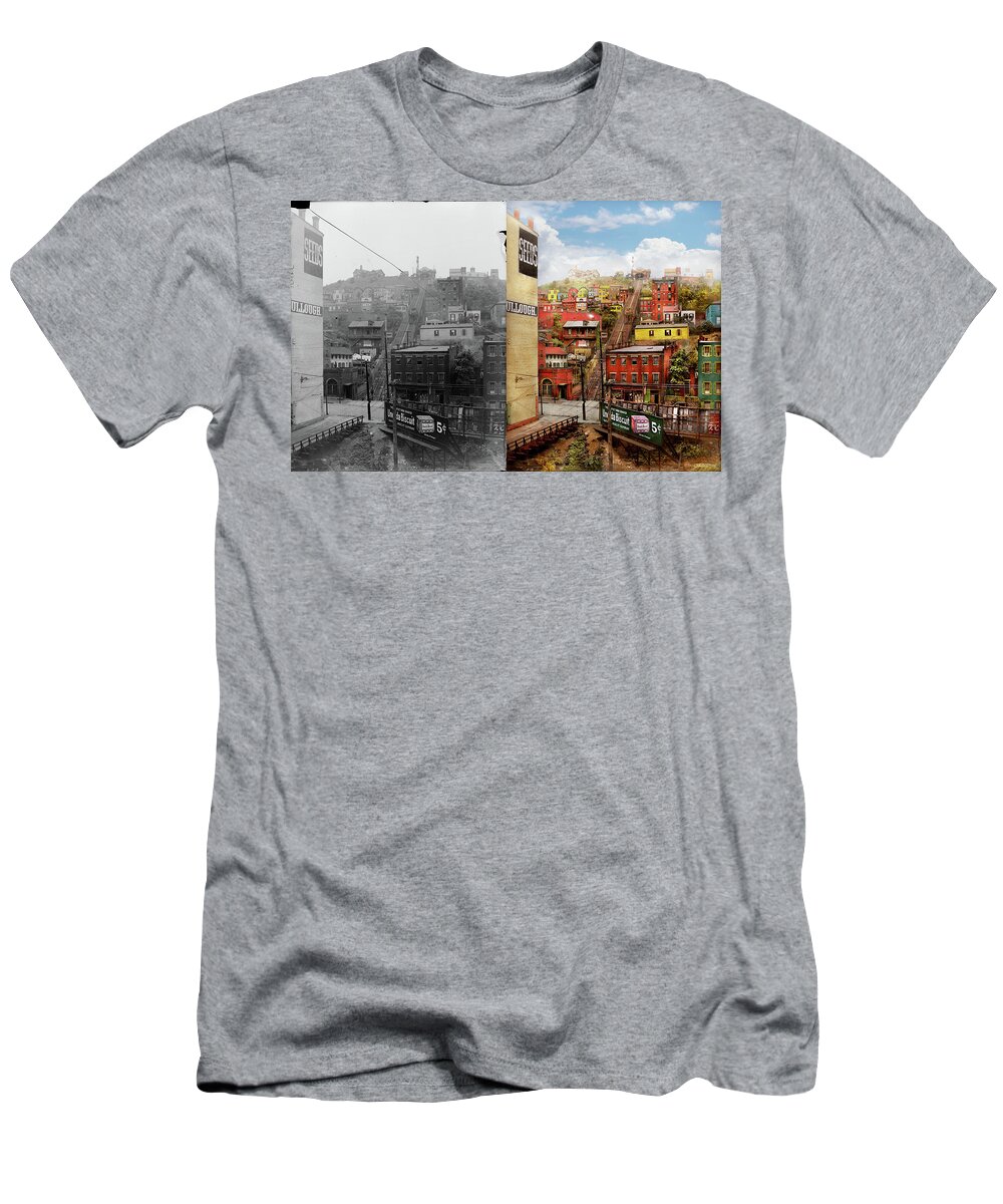 Cincinnati T-Shirt featuring the photograph City - Cincinnati, OH - Climbing up the hill 1915 - Side by Side by Mike Savad