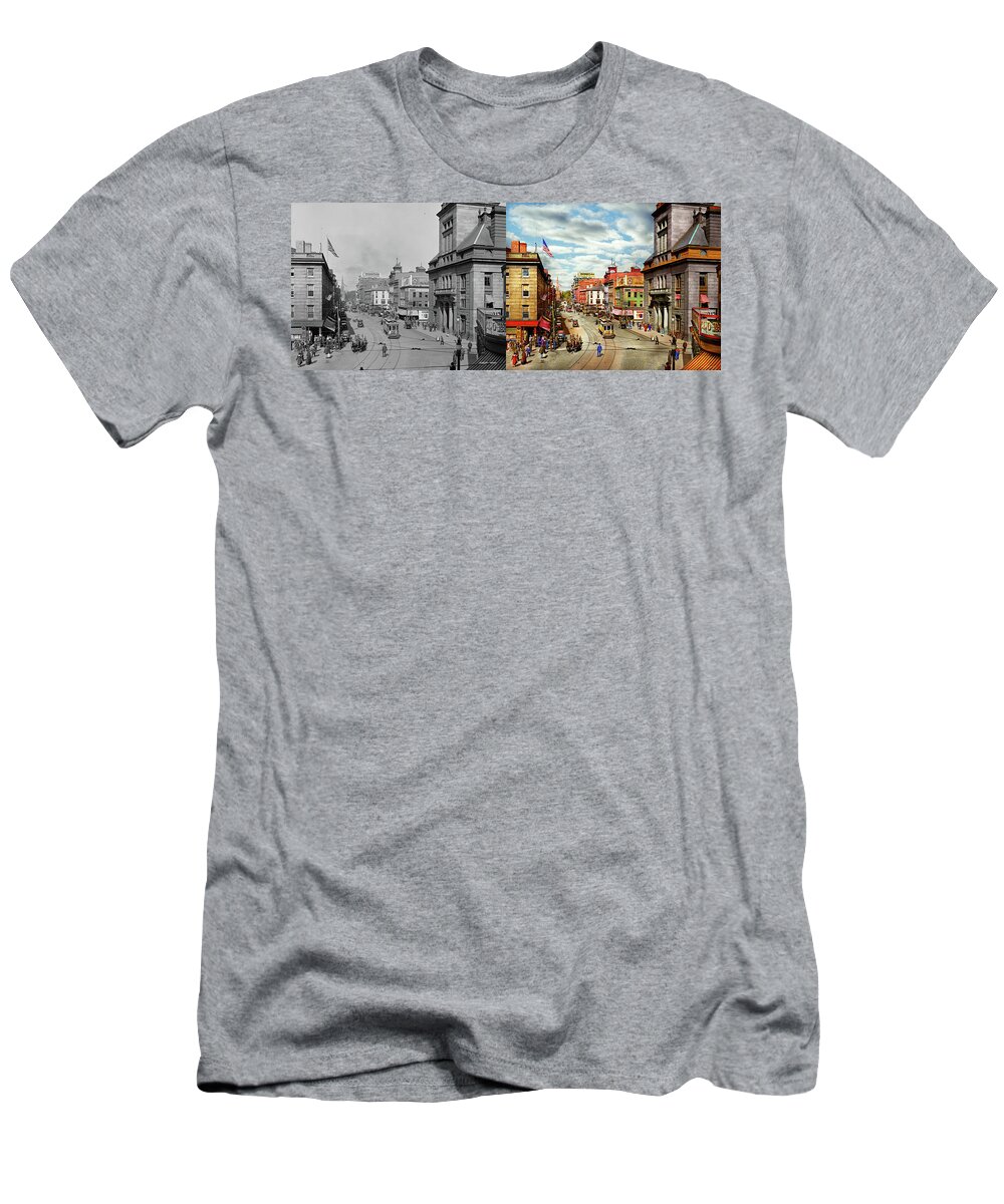 Fall River T-Shirt featuring the photograph City - Fall River, MA - The City Hall on Main Street 1913 - Side by Side by Mike Savad