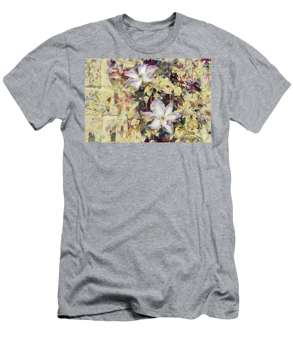 Clematis T-Shirt featuring the digital art Clematis clinging to wall by Fran Woods