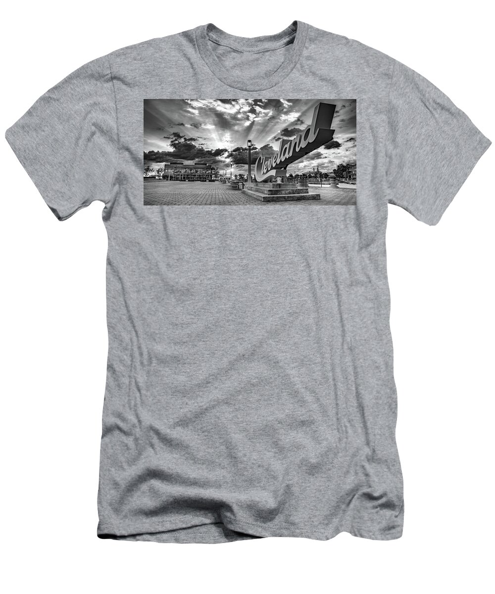 America T-Shirt featuring the photograph Cleveland Script Sign Sunrise Panorama On North Coast Harbor - Black and White Edition by Gregory Ballos