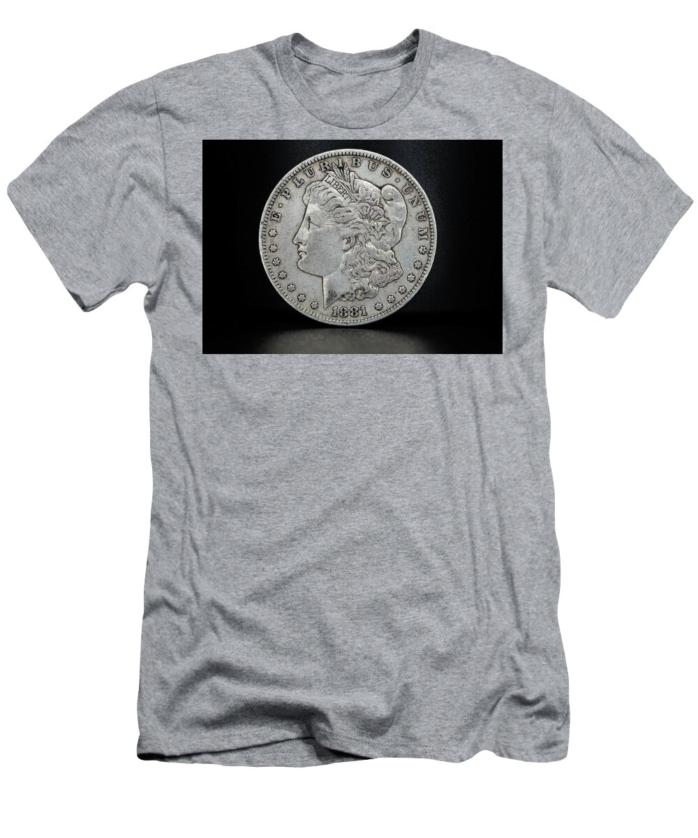 1881 T-Shirt featuring the photograph Coin Collecting - 1881 Morgan Dollar Face Side by Amelia Pearn