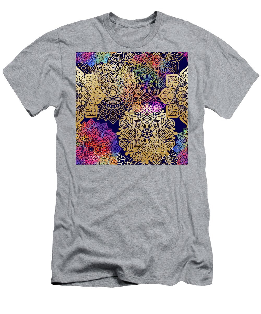 Mandala T-Shirt featuring the digital art Colorful Gold Mandala Pattern In Dark Background by Sambel Pedes