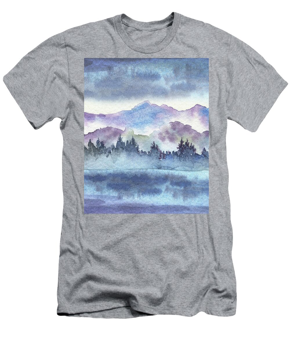 Purple Breeze T-Shirt featuring the painting Cool Purple Breeze Watercolor River Landscape by Irina Sztukowski