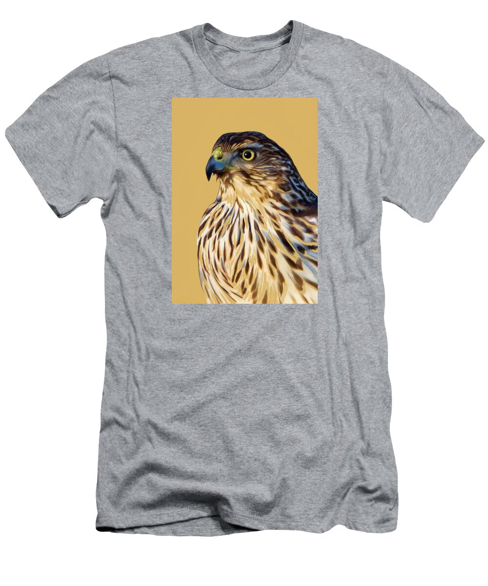 Hawk T-Shirt featuring the mixed media Cooper's Hawk Portrait by Judy Cuddehe