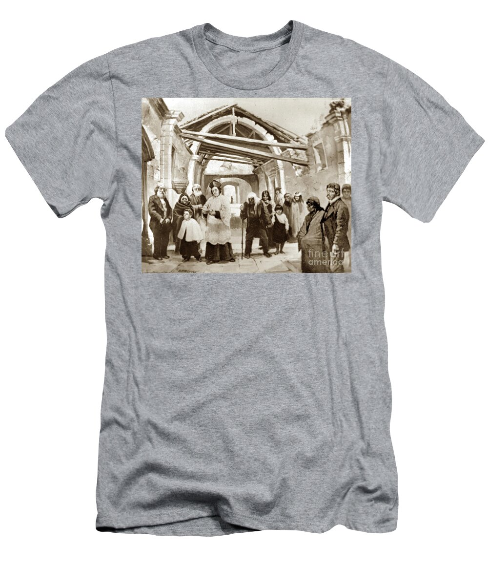 Carmel Mission T-Shirt featuring the photograph Copy of painting by Joseph D. Strong 1853-1899 James Meadows a by Monterey County Historical Society