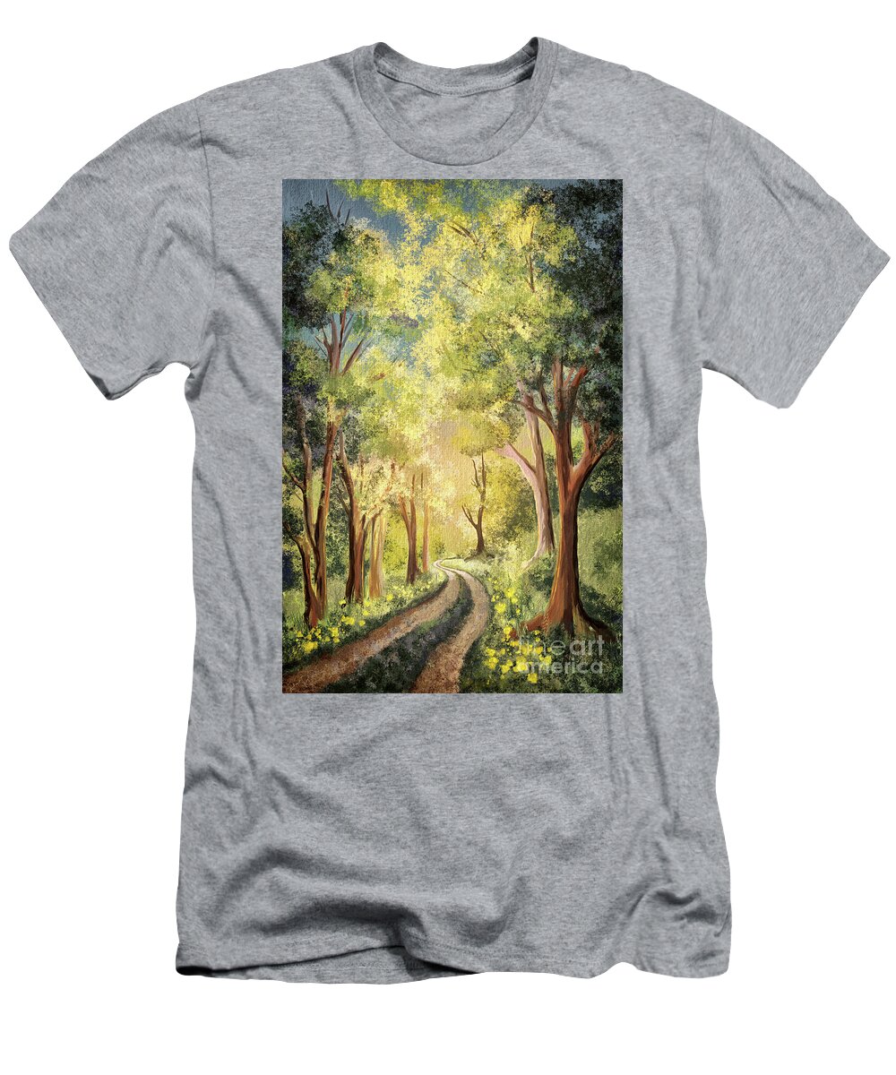 Road T-Shirt featuring the digital art Country Lane Under Blue Skies by Lois Bryan