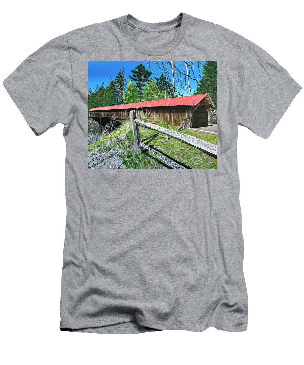 Covered Bridge T-Shirt featuring the painting Covered Bridge #2 by Boots Quimby