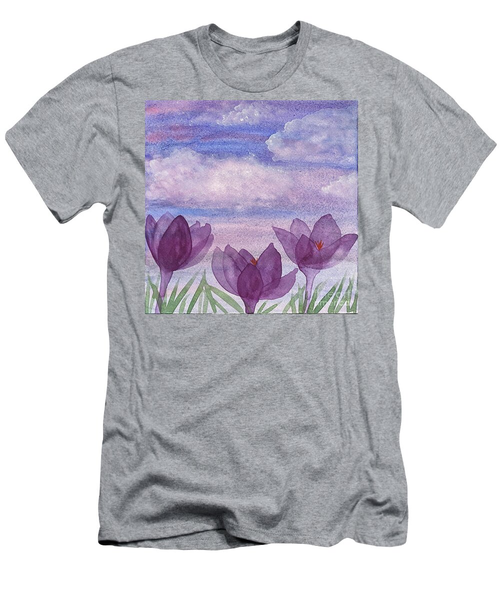Crocuses T-Shirt featuring the painting Crocuses and Clouds by Lisa Neuman