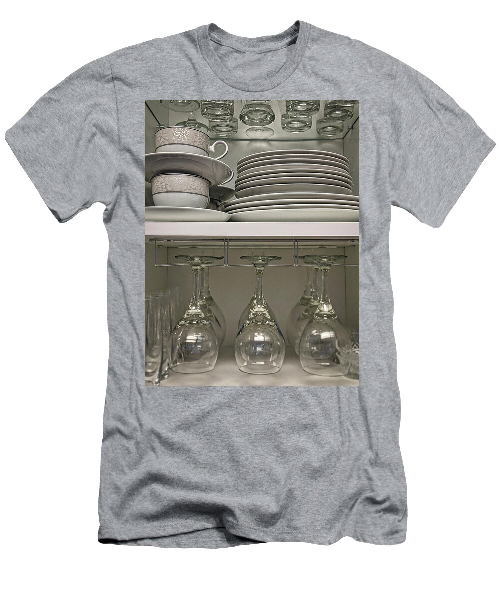 Table T-Shirt featuring the photograph Cupboard - wine glasses and plates by Portia Olaughlin