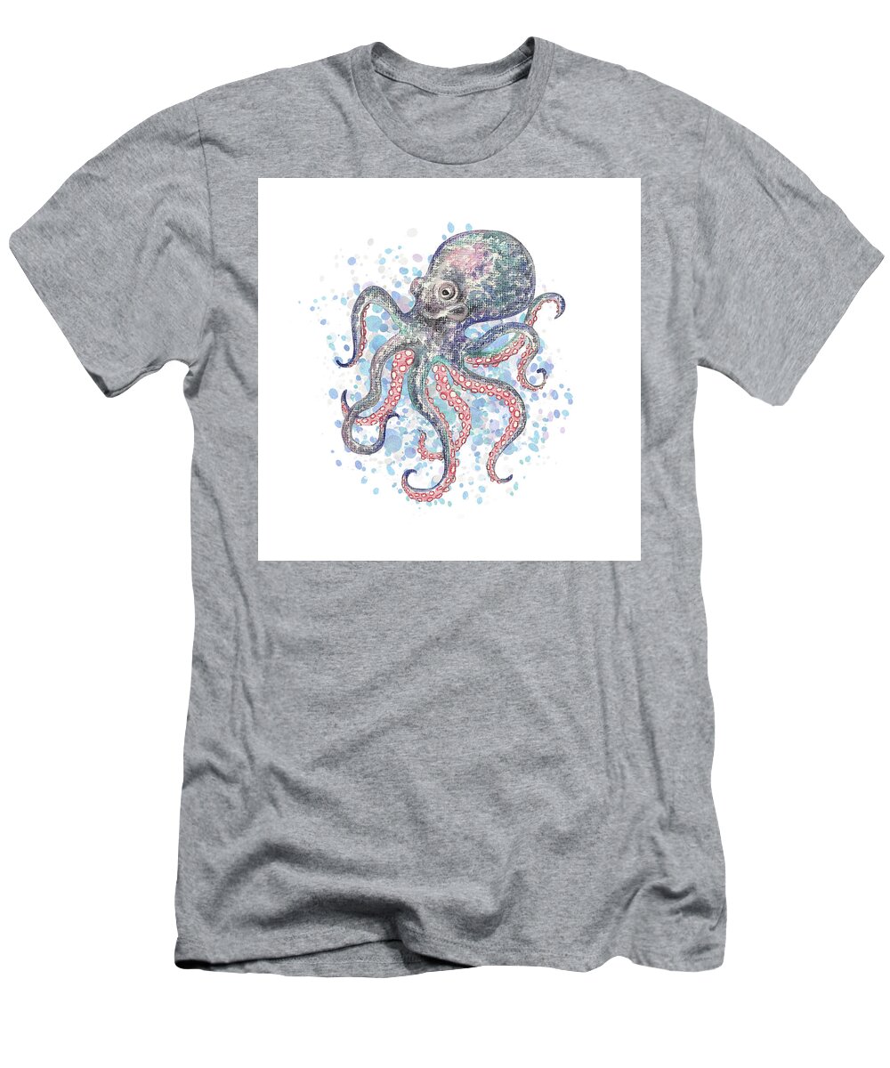Octopus T-Shirt featuring the painting Cute Watercolor Octopus On A Splash Of Teal Blue Water Beach Art by Irina Sztukowski