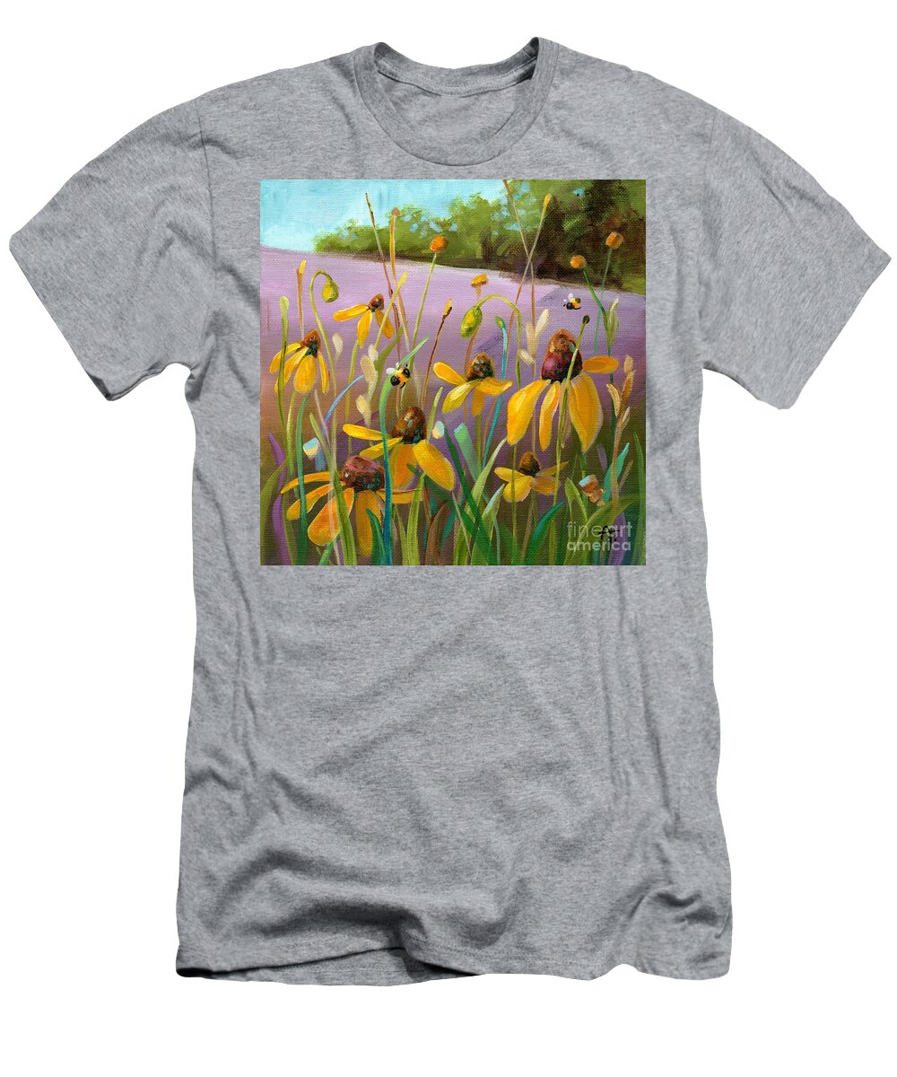 Daisies T-Shirt featuring the painting Dancing Susans - yellow daisies by Annie Troe