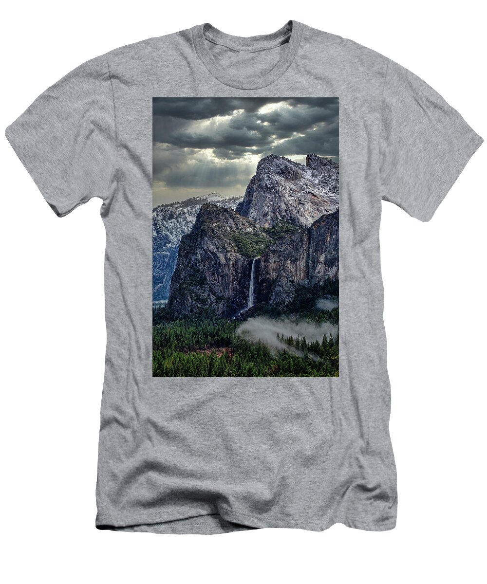 Landscape T-Shirt featuring the photograph Dark Clouds over Bridalveil Fall by Romeo Victor