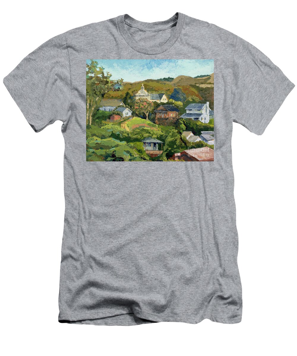 Impasto T-Shirt featuring the painting Davenport - Viewed from the Tracks, 2012 by PJ Kirk