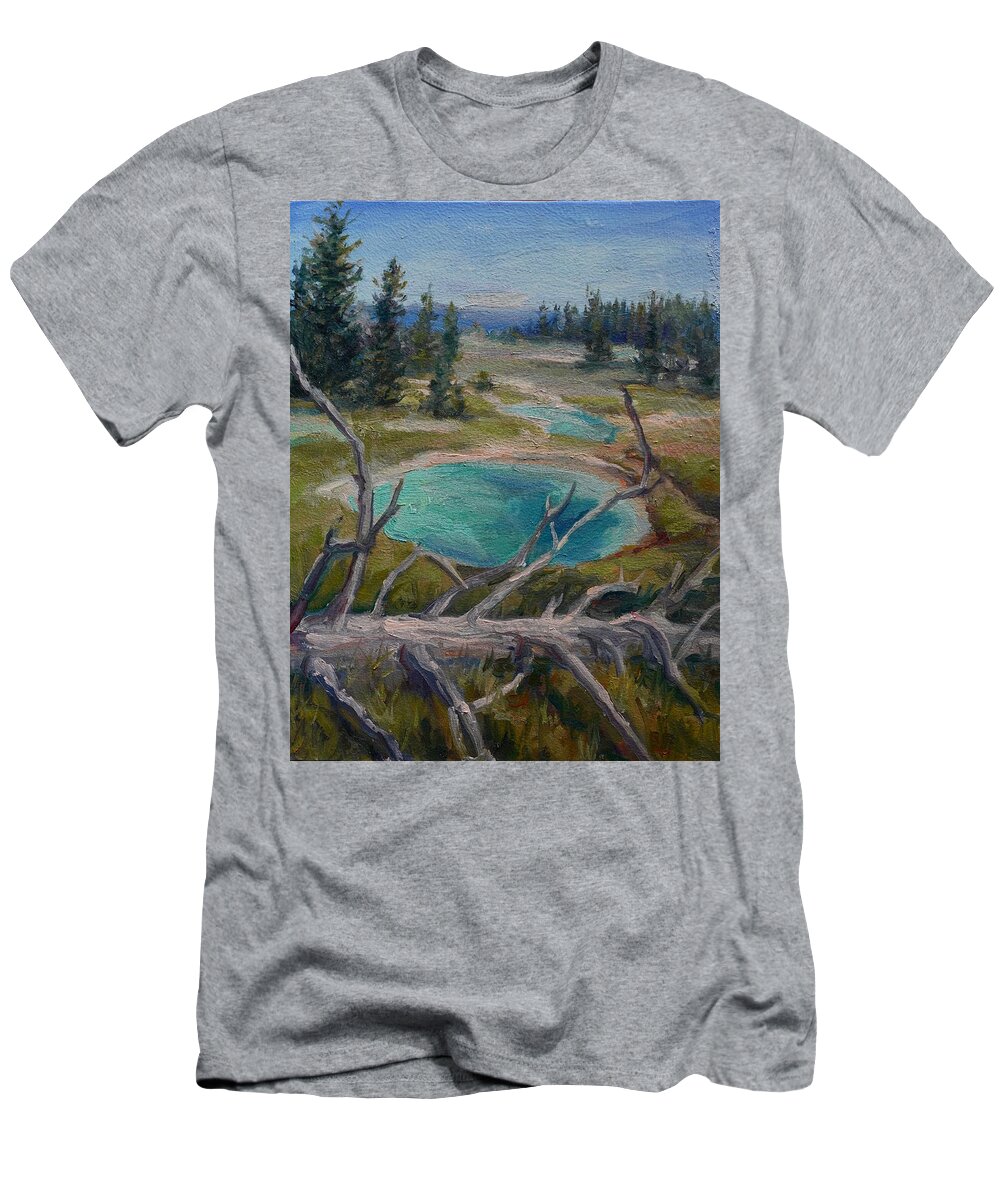 National Parks T-Shirt featuring the painting Deceptive Beauty - Yellowstone Paintpots by Laurie Snow Hein