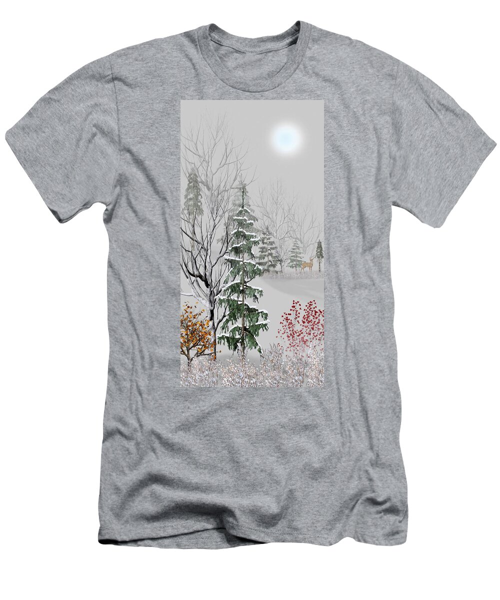 Wildlife T-Shirt featuring the mixed media Deer in the Distance Winter Morning by David Dehner