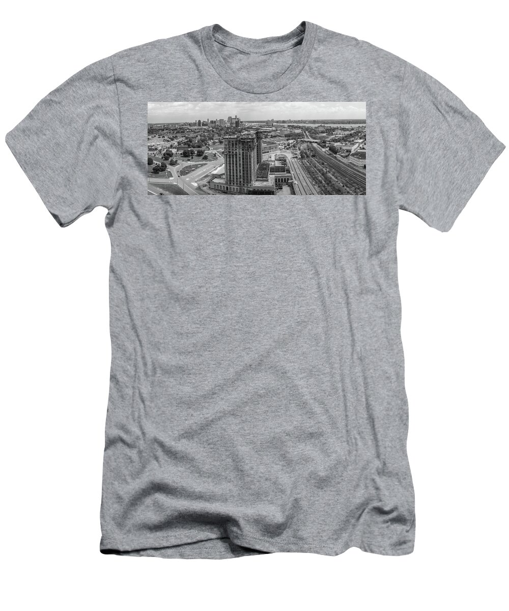 Aerial Of Detroit T-Shirt featuring the photograph Detroit Train Depot and Skyline by John McGraw