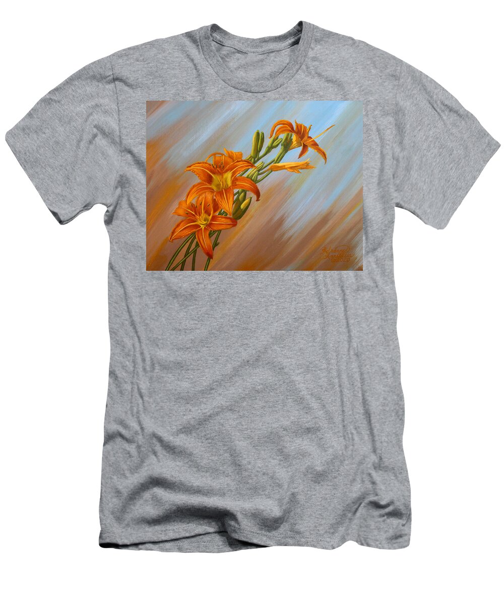 Blue T-Shirt featuring the painting Day Lillies by Adrienne Dye