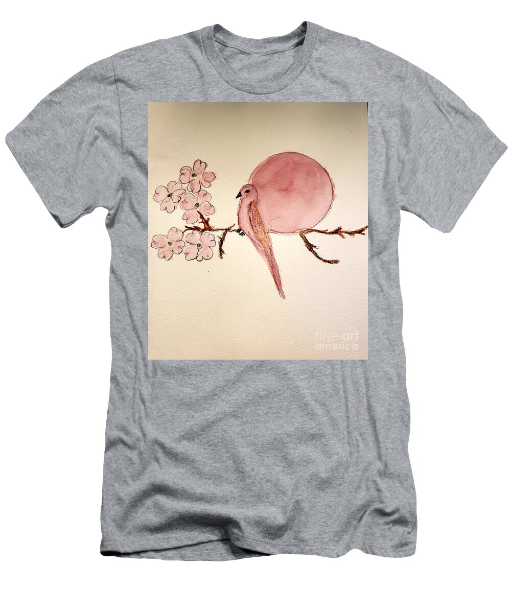 T-Shirt featuring the painting Dogwood, bird and a pink moon by Margaret Welsh Willowsilk