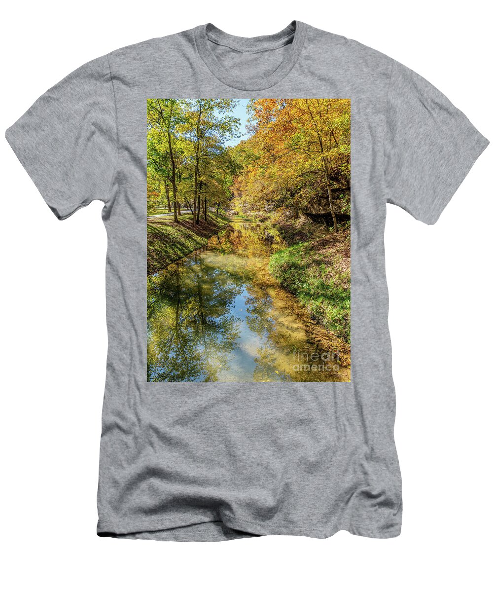Branson T-Shirt featuring the photograph Dogwood Creek Autumn Reflections Vertical by Jennifer White