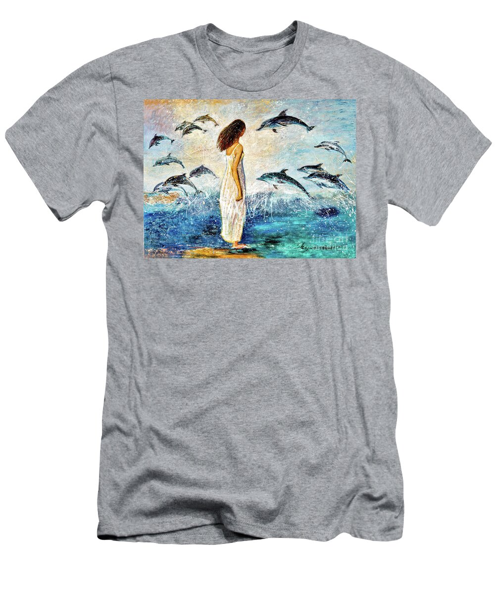 Dolphin T-Shirt featuring the painting Dolphin Bay by Shijun Munns