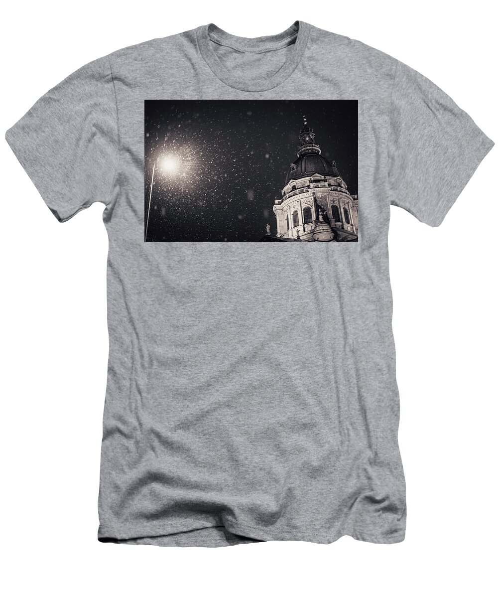 St. Stephens T-Shirt featuring the photograph Dome of St. Stephen's Basilica with Snow by Tito Slack
