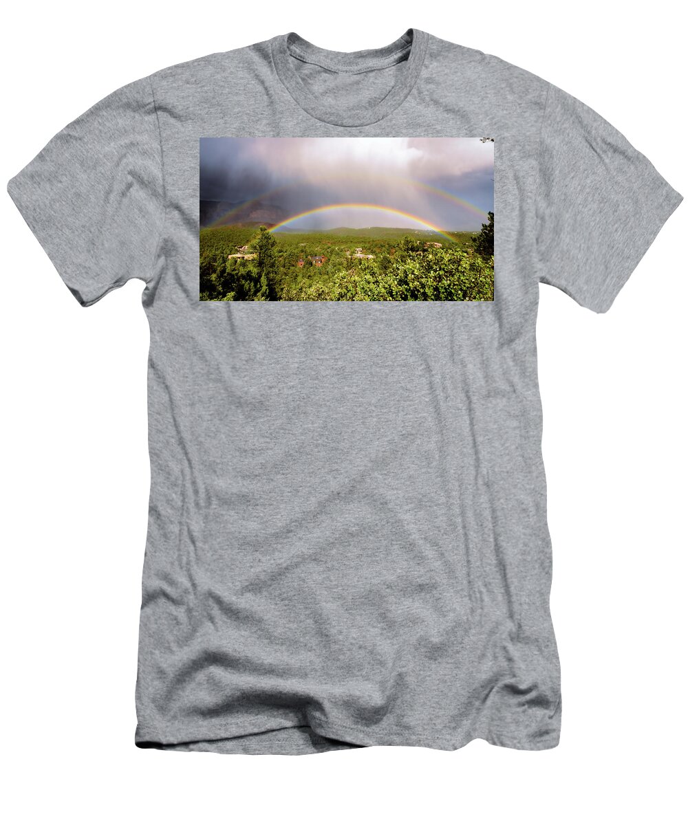 Red Rock Of Sedona Arizona Rainbow Photos T-Shirt featuring the photograph Double Rainbow by Heber Lopez