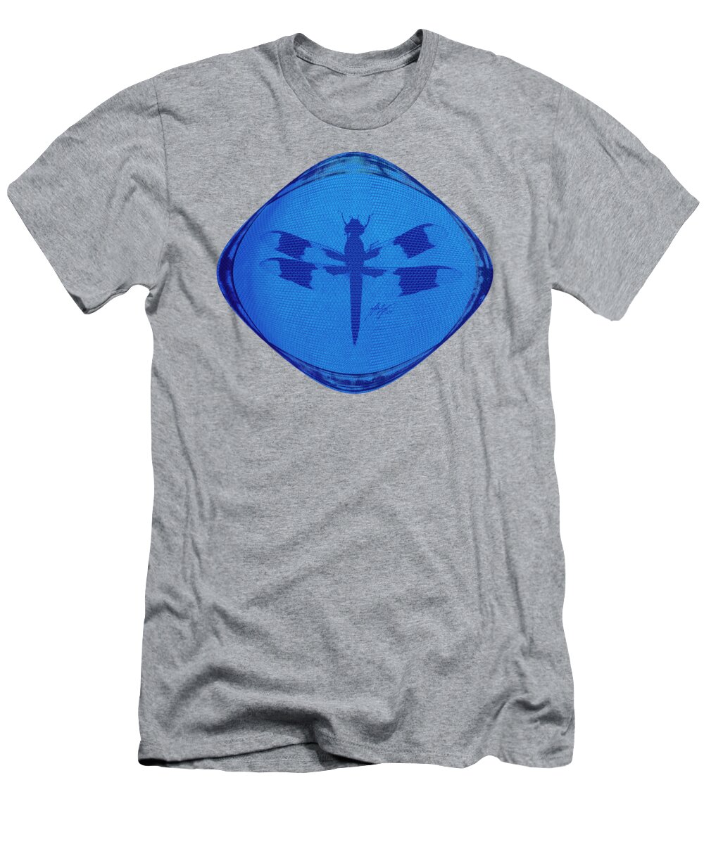 There Be Dragon T-Shirt featuring the digital art Dragonfly on Blue Hexagonal Bubblewrap by Michael Cotto