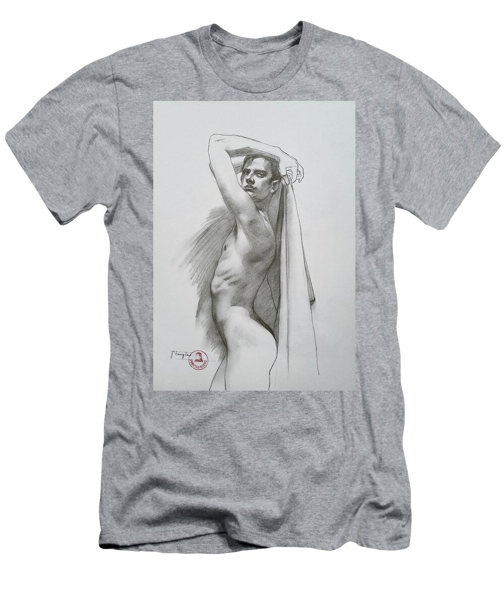 Male Nude T-Shirt featuring the drawing Drawing-Male nude#2161 by Hongtao Huang