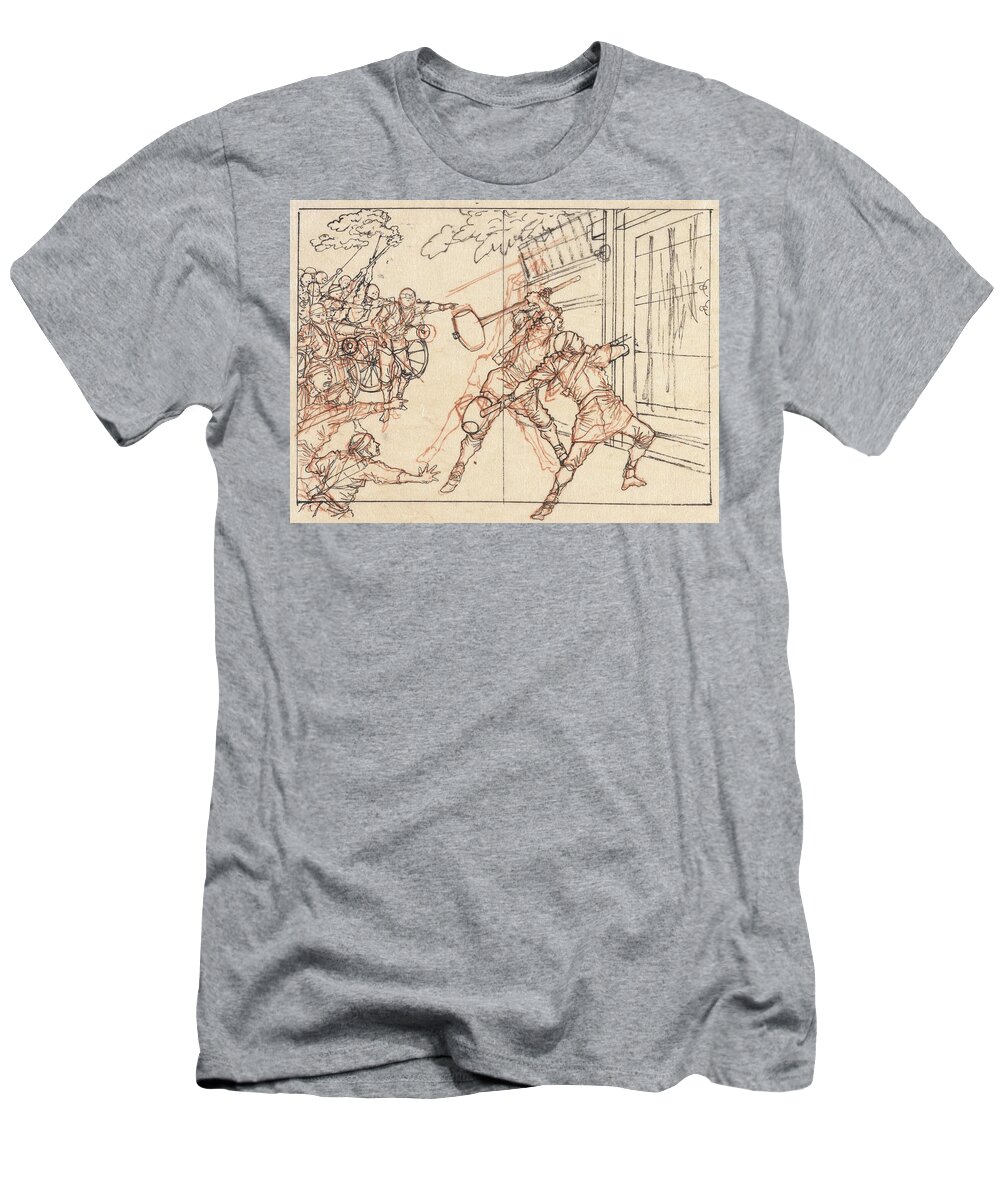 Background T-Shirt featuring the painting Drawing of soldiers battering a gate Yoshitoshiabout by MotionAge Designs