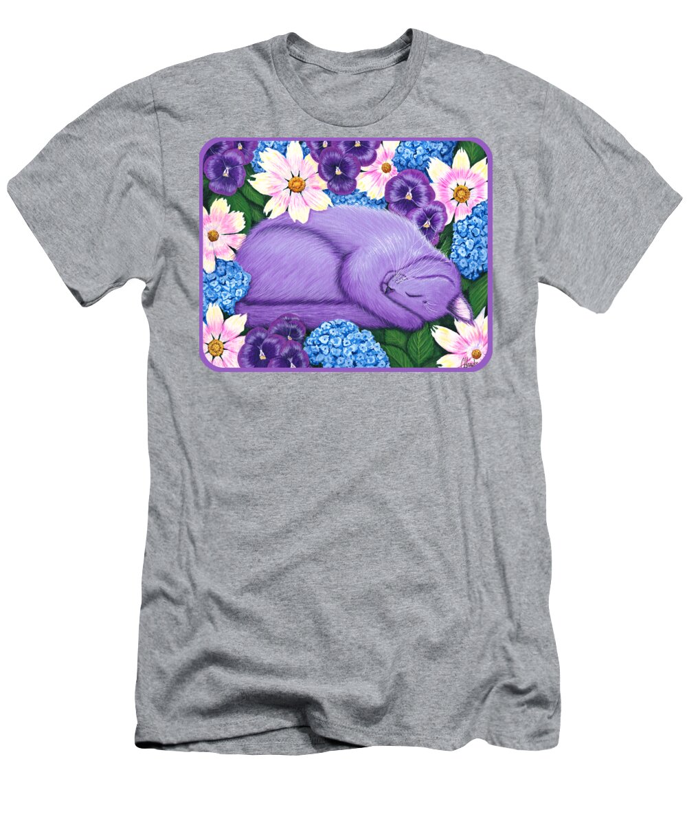 Dreaming T-Shirt featuring the painting Dreaming Sleeping Purple Cat Spring Flowers by Carrie Hawks