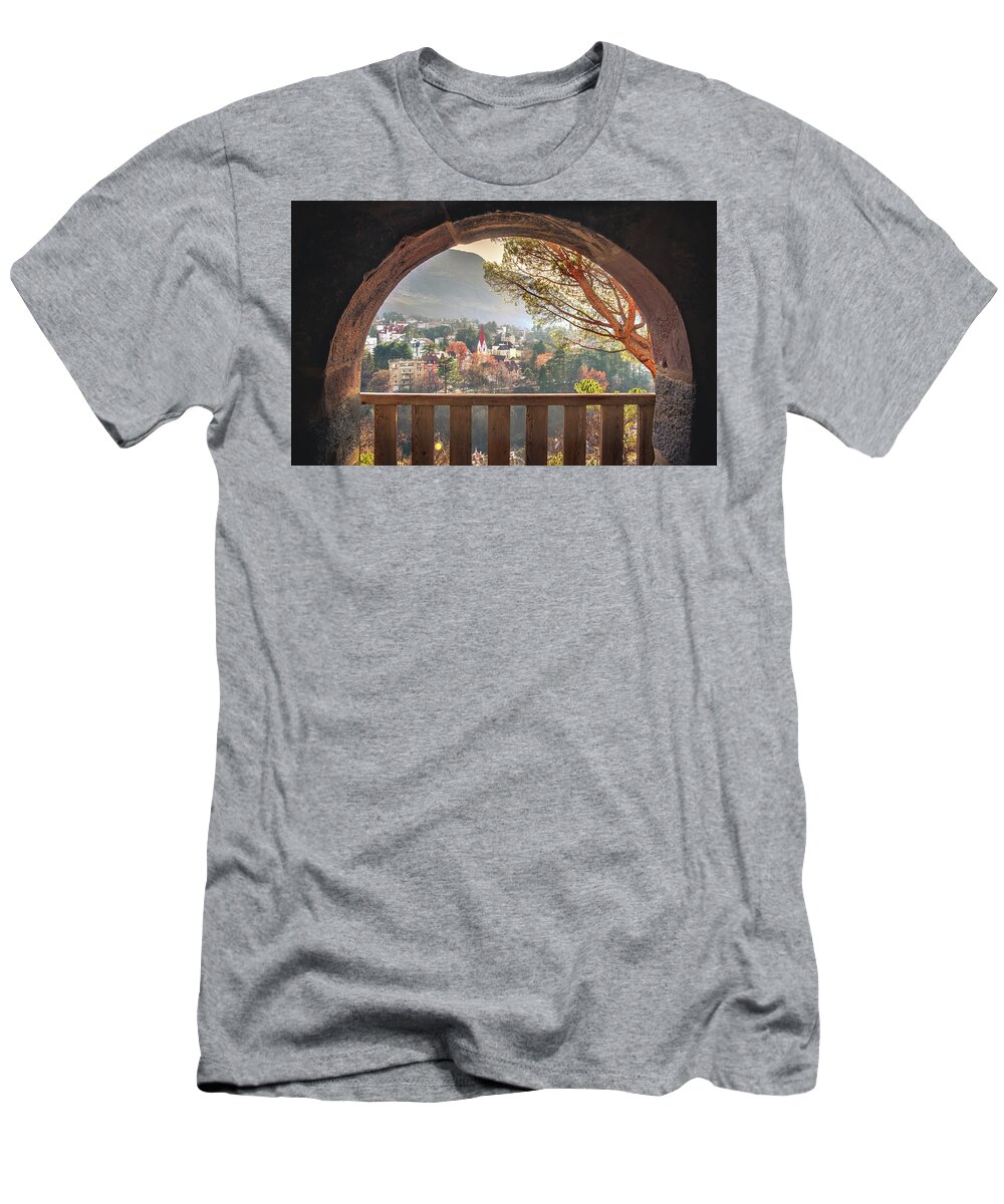 Bolzano T-Shirt featuring the photograph Dreamy Cityscape In Warm Autumn Morning Lights Through Balcony S by Luca Lorenzelli