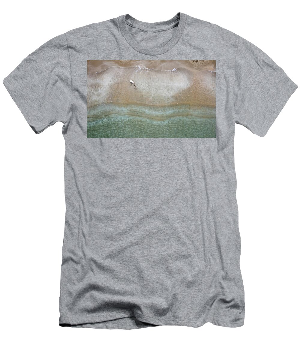 Animal Running T-Shirt featuring the photograph Drone aerial of white Dog running and playing at empty sandy beach by Michalakis Ppalis
