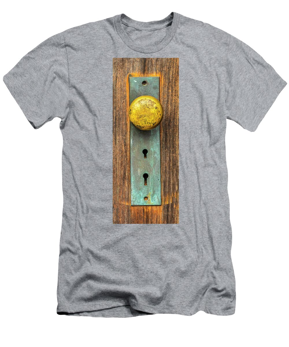 Weathered T-Shirt featuring the photograph Dual Keyholes And Weathered Doorknob by Gary Slawsky