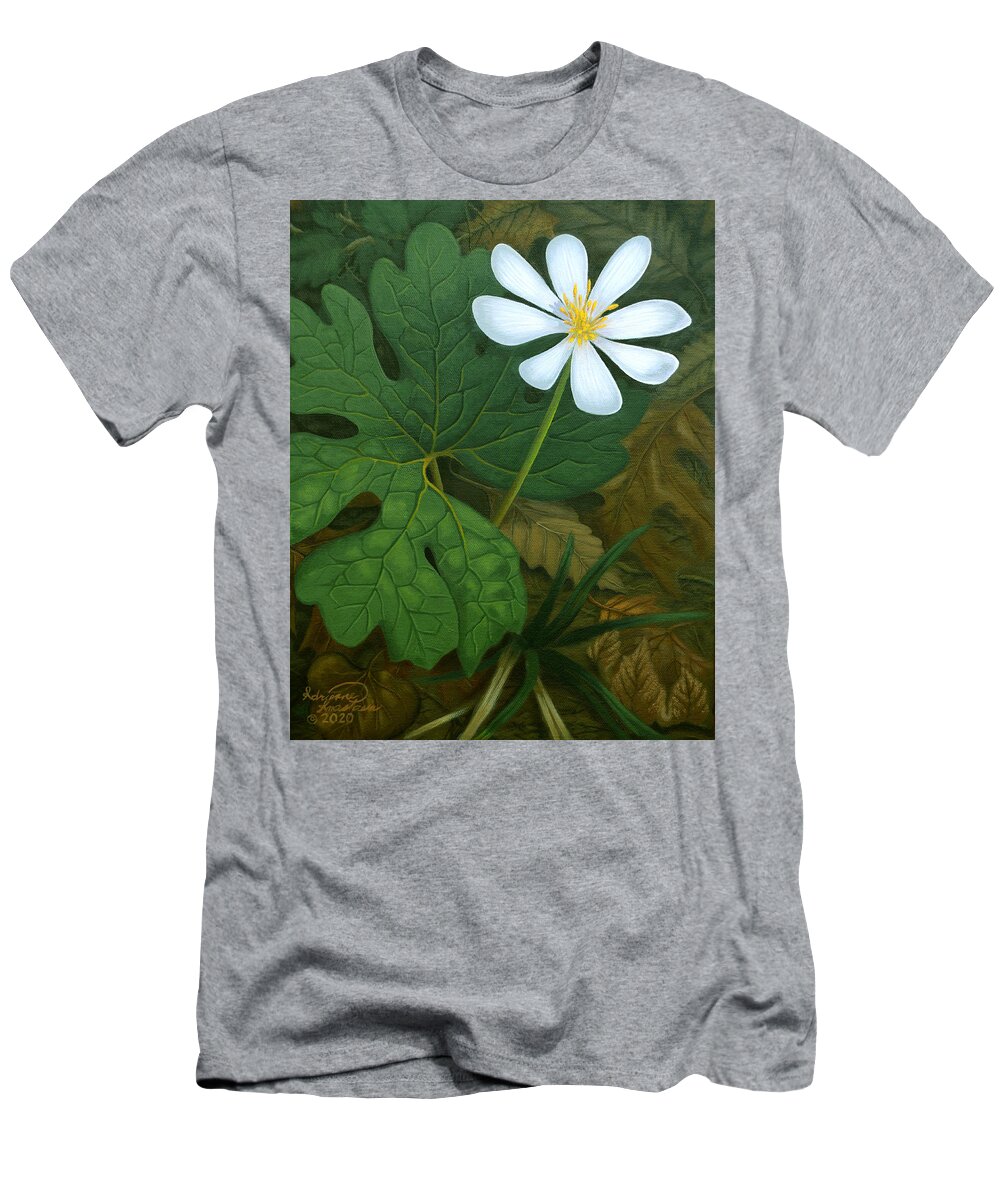 Bloodroot T-Shirt featuring the painting Early Bloomer Bloodroot by Adrienne Dye