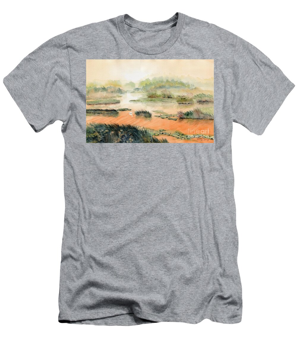 Egret On The Marsh T-Shirt featuring the painting Egret On The Marsh by Melly Terpening