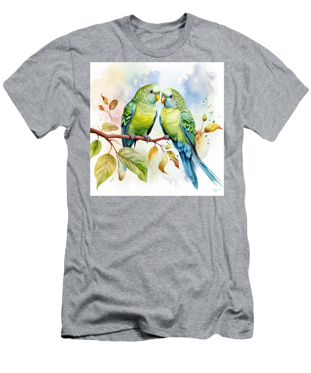 T-Shirt featuring the painting Elegance and Charm of Parakeets in Art by Lourry Legarde