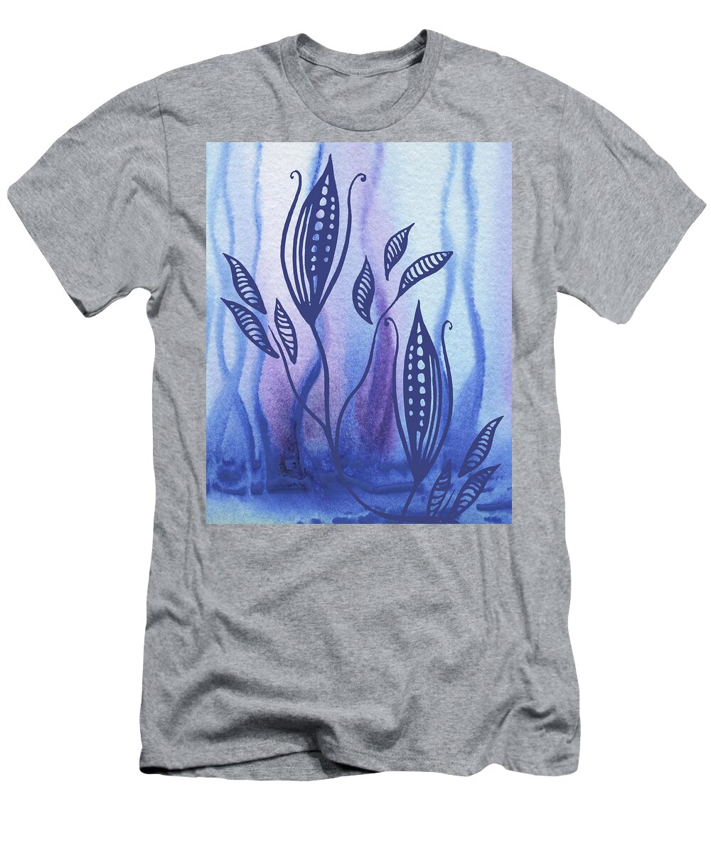 Floral Pattern T-Shirt featuring the painting Elegant Pattern With Leaves In Blue And Purple Watercolor II by Irina Sztukowski
