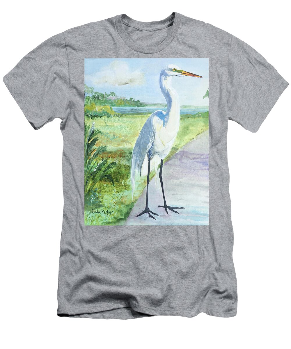 Great White Egret T-Shirt featuring the painting Elmo's Morning Visit by Linda Kegley