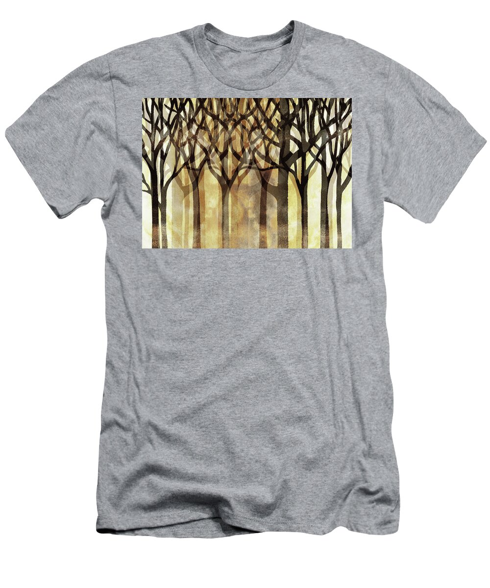 Abstract Forest T-Shirt featuring the painting Enchanted Forest Watercolor Silhouette Trees Branches Warm Beige Brown Gold by Irina Sztukowski