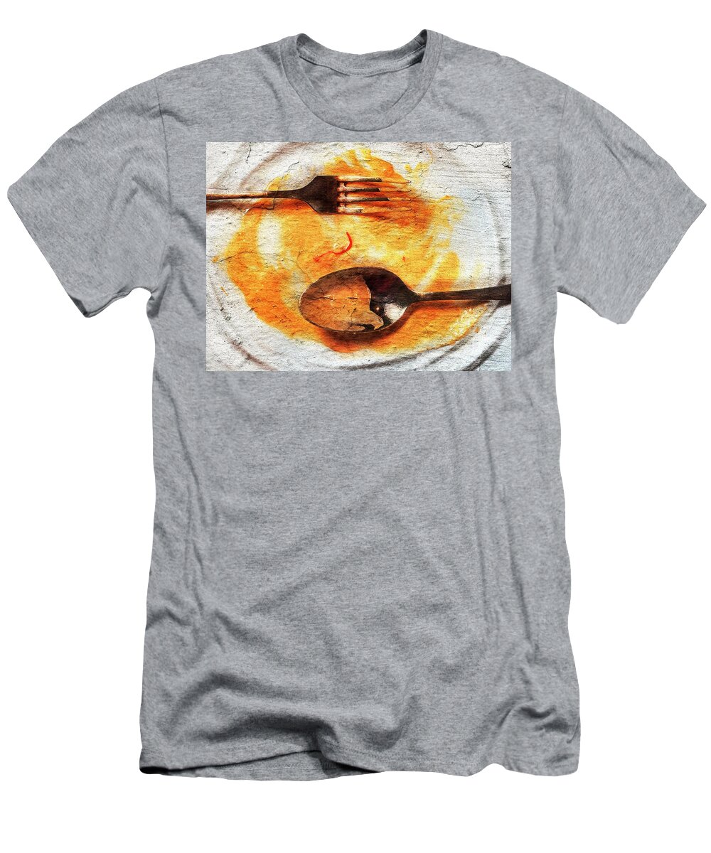 Spoon And Fork T-Shirt featuring the photograph End of dinner - Ten years after by Al Fio Bonina