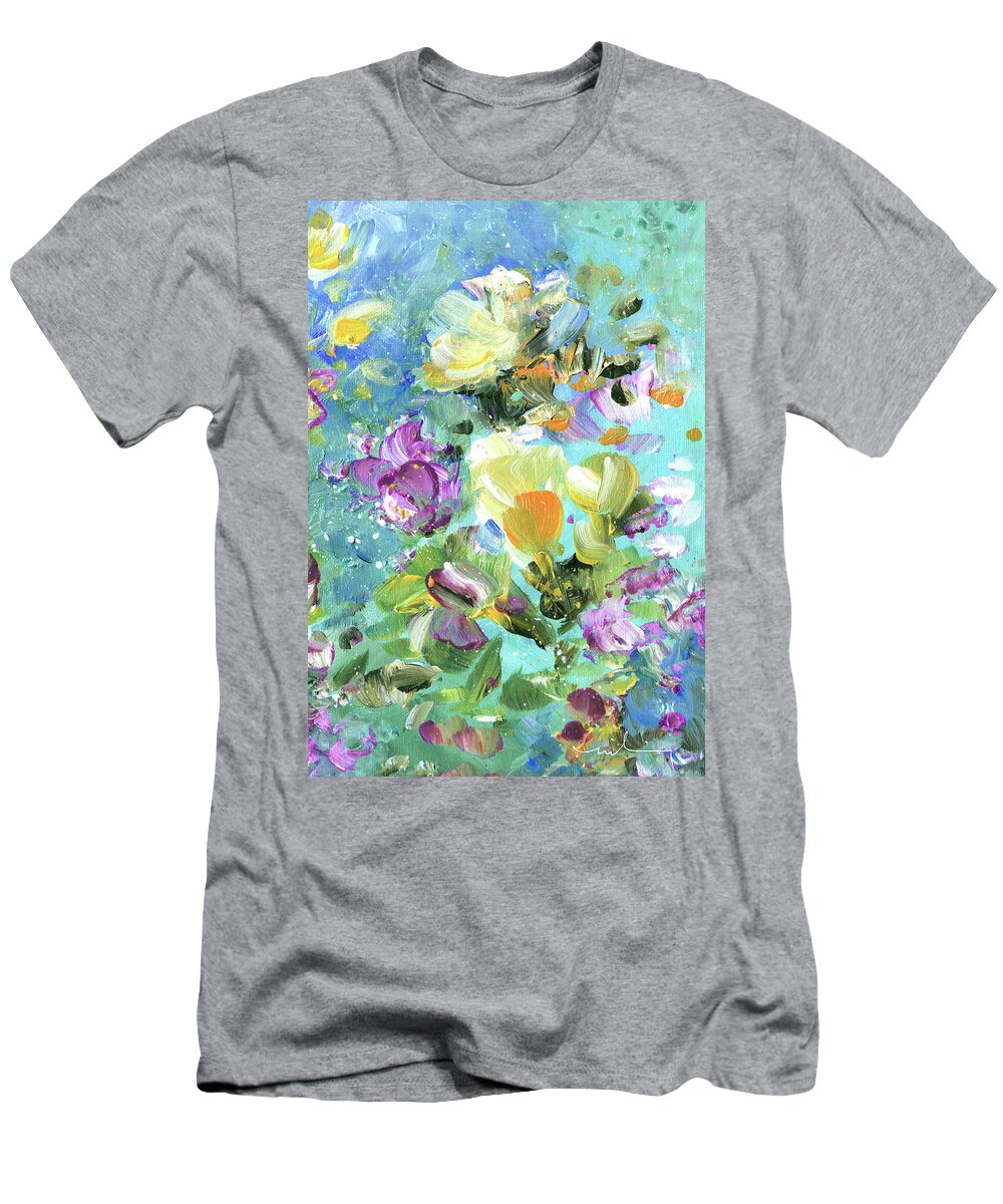 Flower T-Shirt featuring the painting Explosion Of Joy 22 Dyptic 02 by Miki De Goodaboom