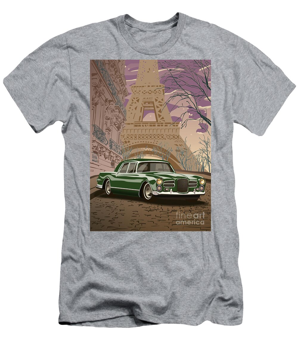 Art Deco T-Shirt featuring the digital art Facel Vega - Paris est a nous. Classic Car Art Deco Style Poster Print Green Edition by Moospeed Art