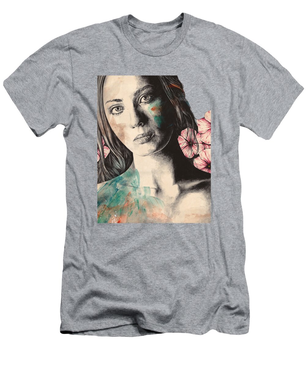 Floral Illustration T-Shirt featuring the drawing Fall From Grace - flower woman realistic drawing by Marco Paludet