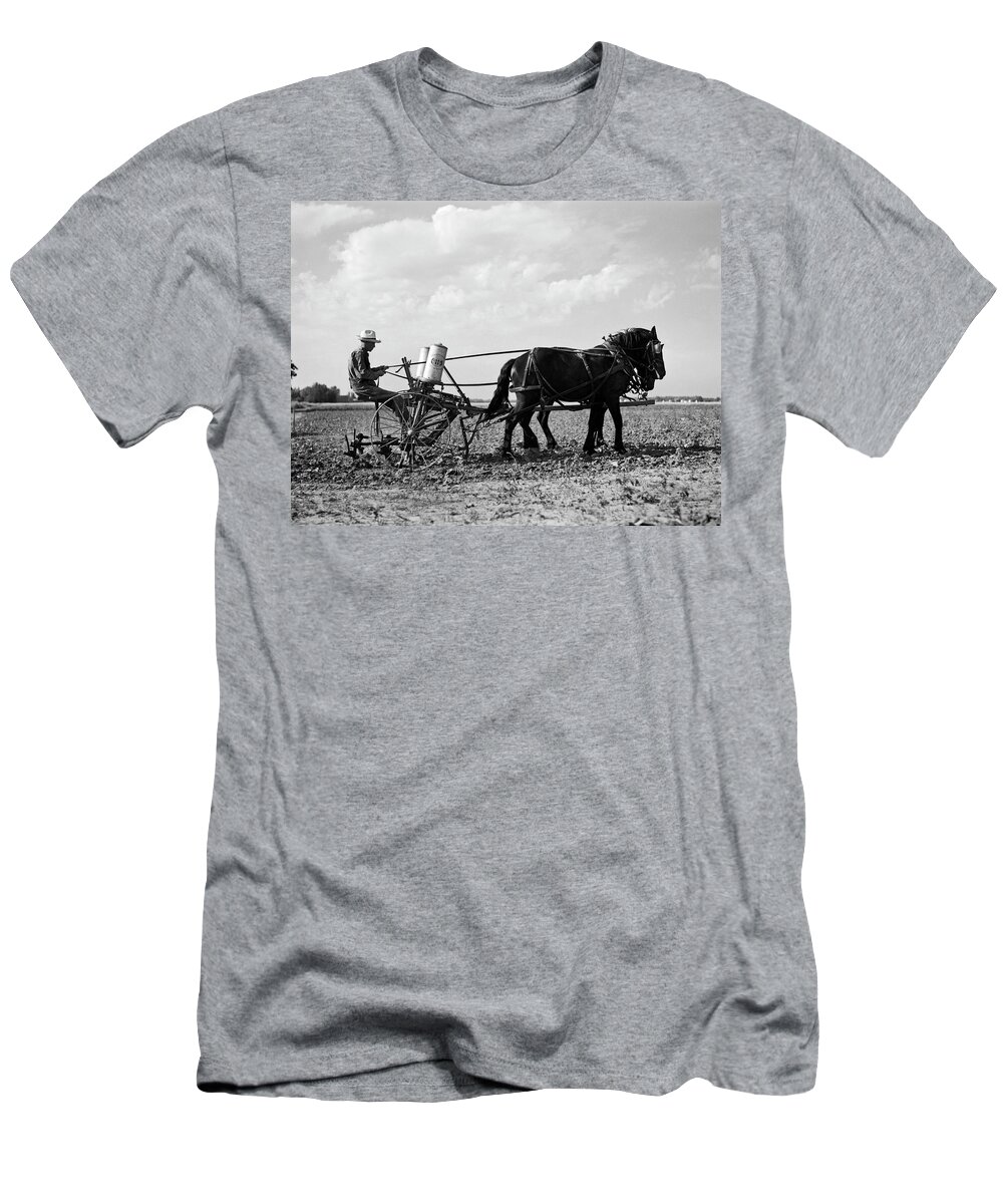1 Person T-Shirt featuring the photograph Farmer Fertilizing Corn by Underwood Archives  Arthur Rothstein
