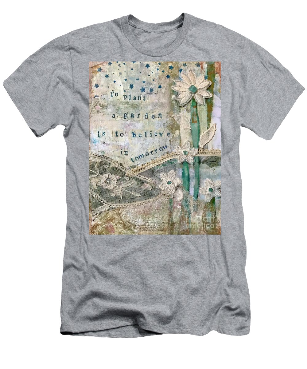 Garden Collage T-Shirt featuring the painting Garden collage with vintage lace and flowers by Diane Fujimoto