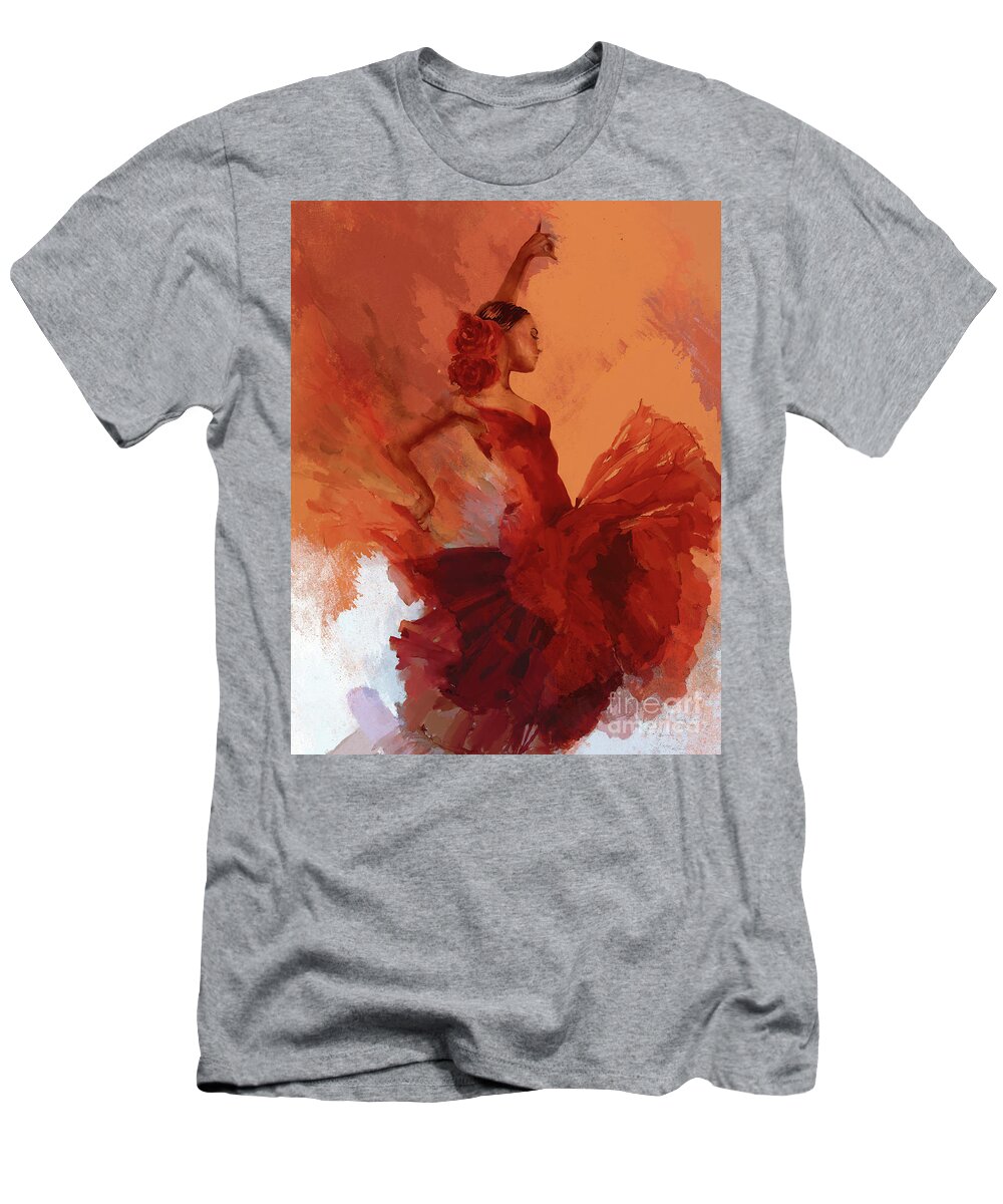 Flamenco T-Shirt featuring the painting Female Flamenco Dance Abstract art 01 by Gull G