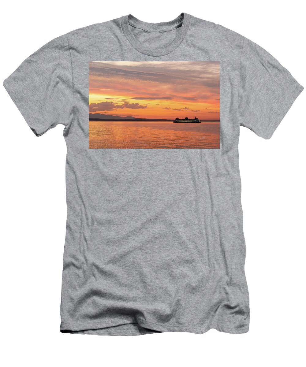 Outdoors; Colors; Bainbridge Island; Sunset; Kayakers; Twilight; Elliott Bay; West Seattle; Puget Sound; Ferry; Washington State T-Shirt featuring the digital art Ferry at Alki Beach by Michael Lee