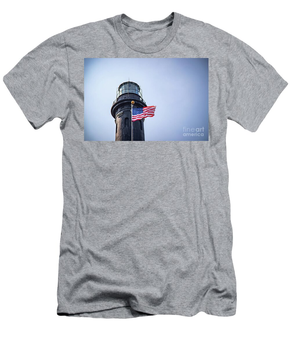 Lighthouse T-Shirt featuring the photograph Fire Island Lighthouse with Flag 2 by Erin O'Keefe
