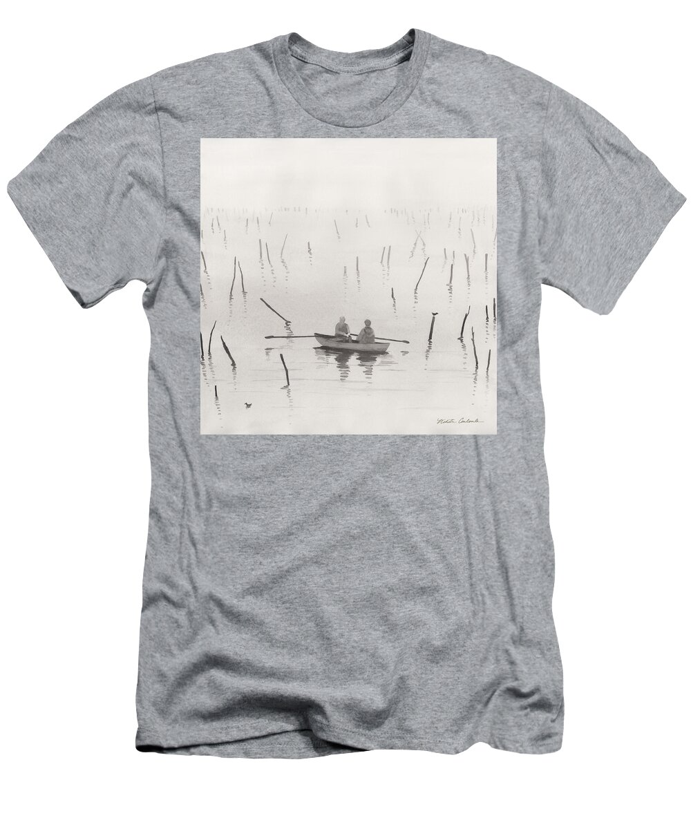 Nikita Coulombe T-Shirt featuring the painting Fisherman in the Mist II by Nikita Coulombe