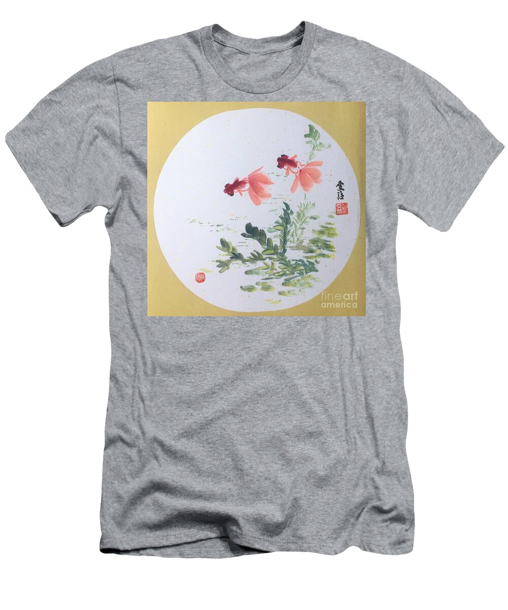 Gold T-Shirt featuring the painting Fishes Joy by Carmen Lam